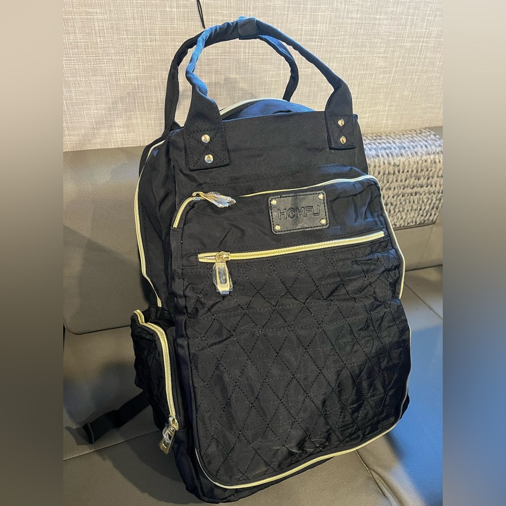 Black and Gold Quilted Diaper Bag Backpack